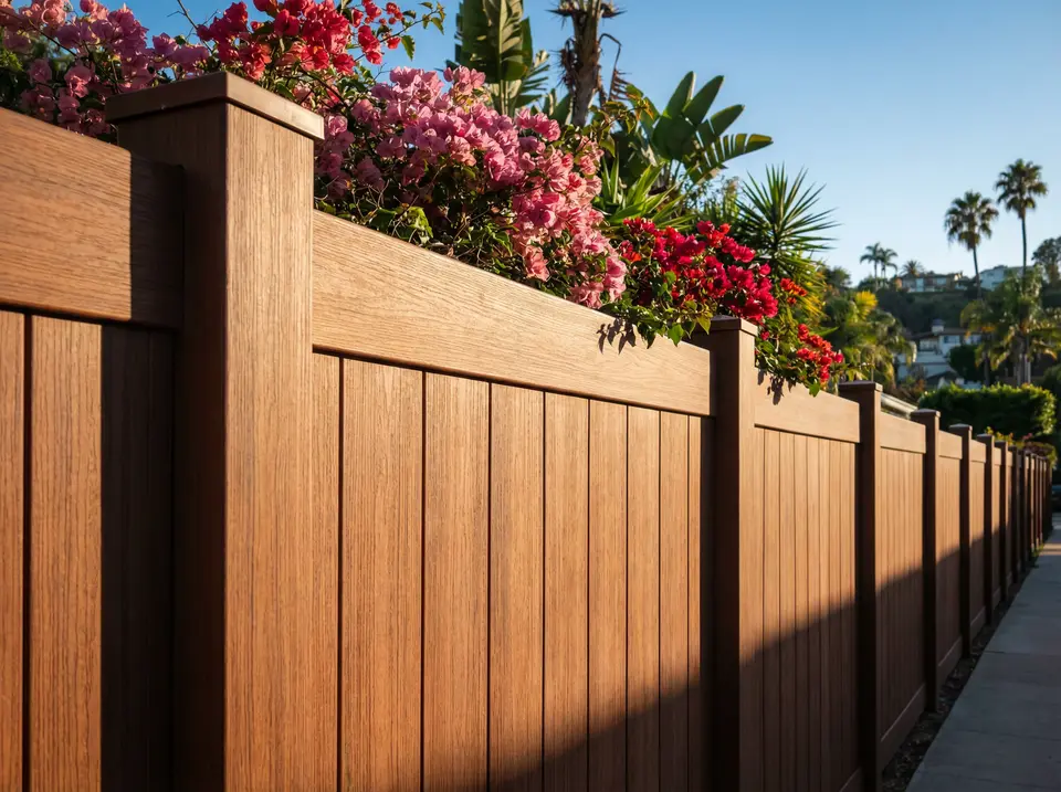 White vinyl privacy fence in residential backyard