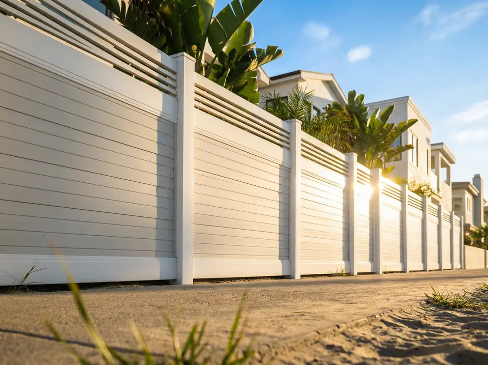 Tan vinyl fence along property line